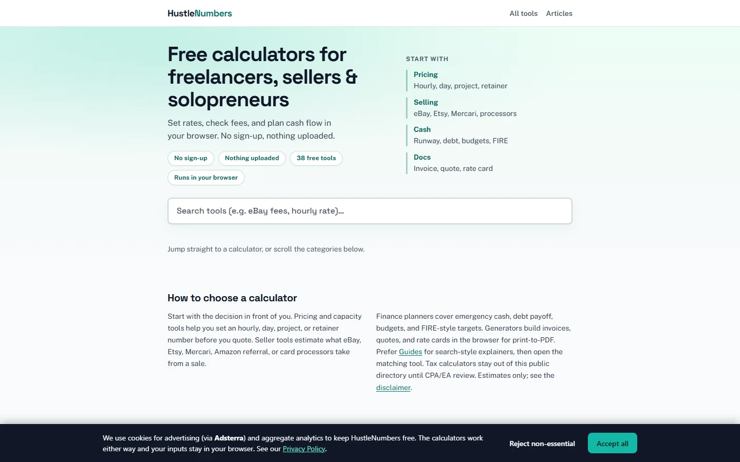 The HustleNumbers home page with a calculator directory grouped by category and a search field.