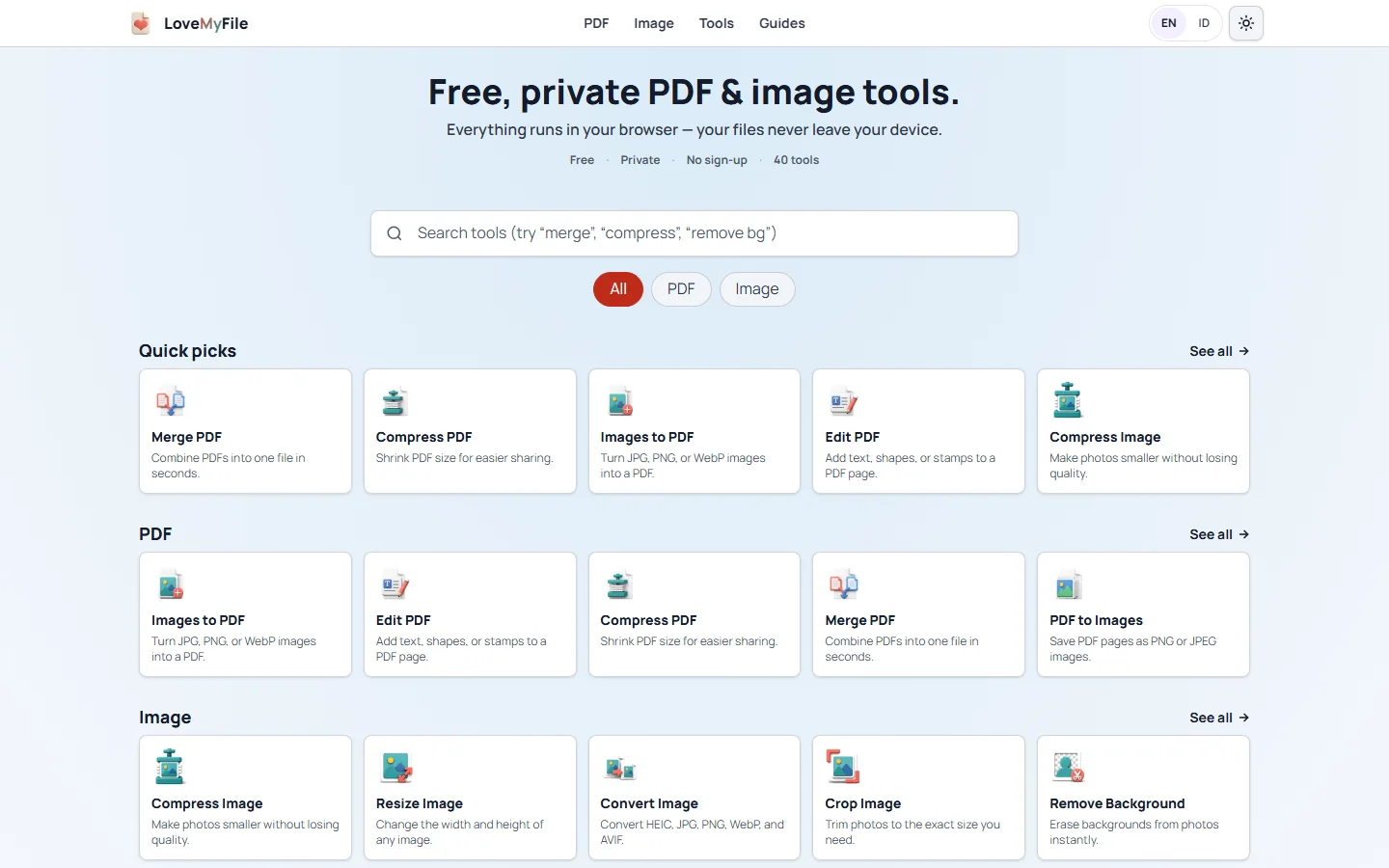 The LoveMyFile home page with its PDF, image and utility tool grid and a search field.