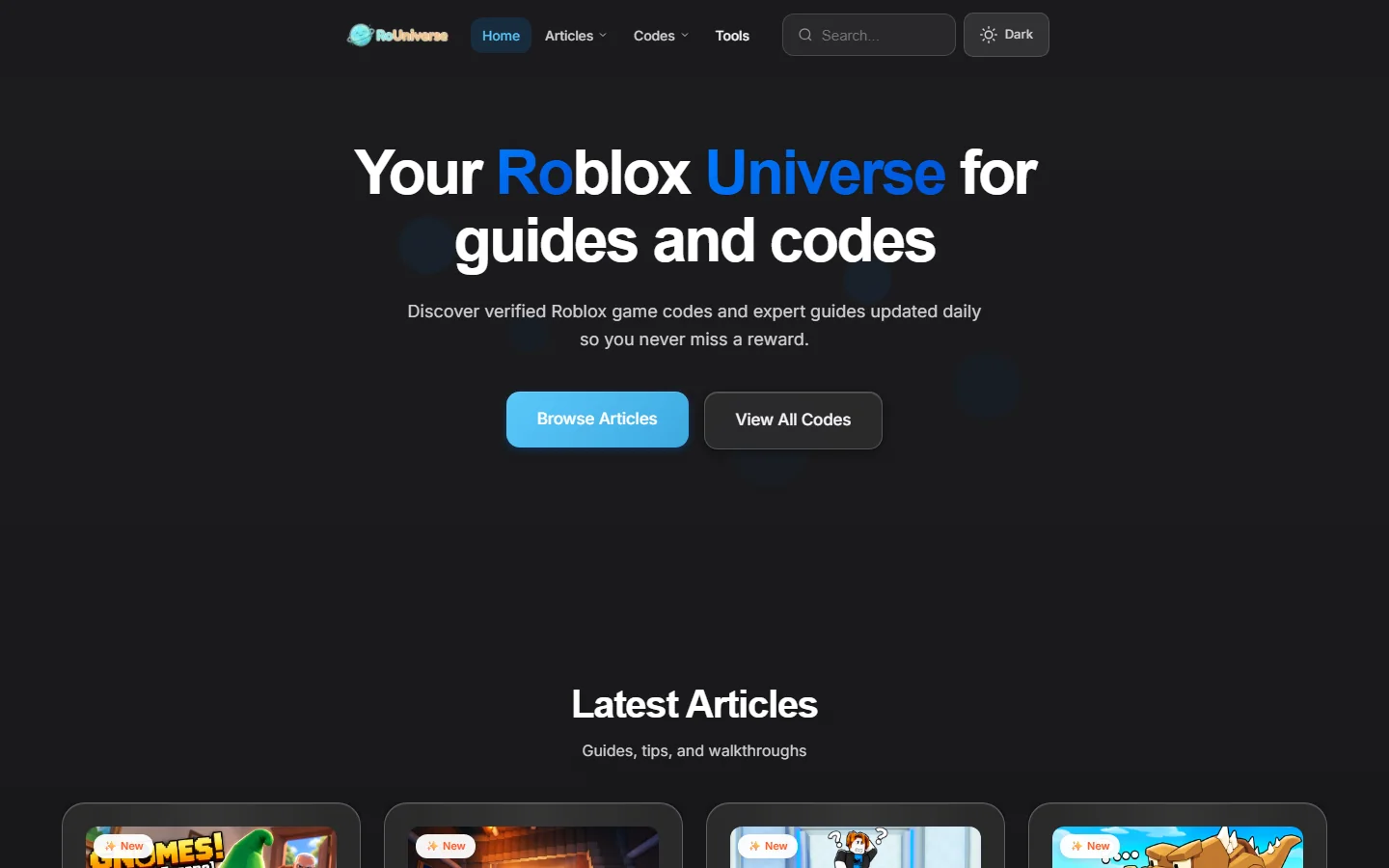 The RoUniverse home page: a headline over a grid of recent Roblox guides and code pages.