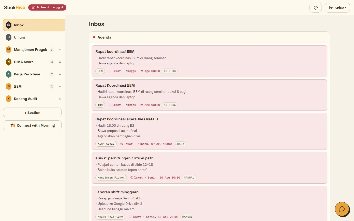 The StickHive Inbox with sticky sections in the sidebar and an agenda of synced Moodle tasks and quizzes.